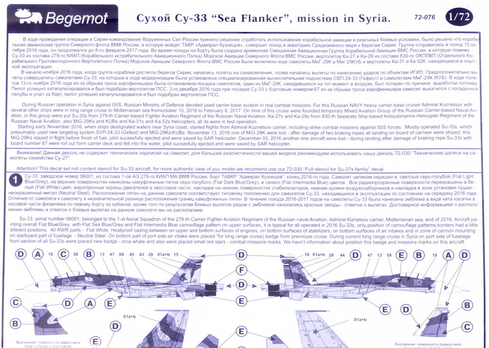 Begemot 72-076 Decal Sukhoi SU-33 "Sea Flanker" mission in Syrian  1/72 