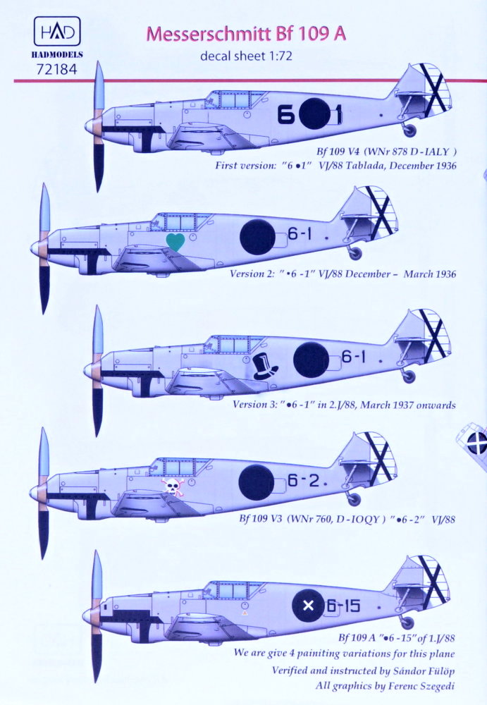 1/72 Decal Messerschmitt Bf 109A (5x camo)