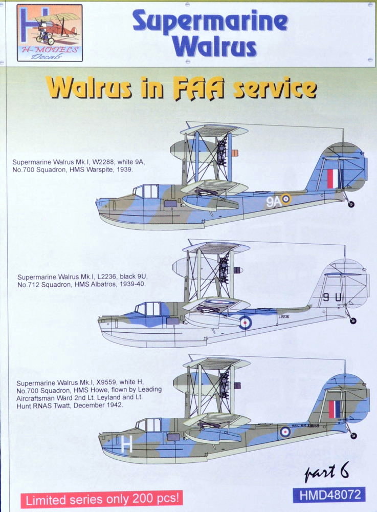 H-Model Decals 1/48 Supermarine Walrus Mk.I in FAA Service Part 7 # 48125 