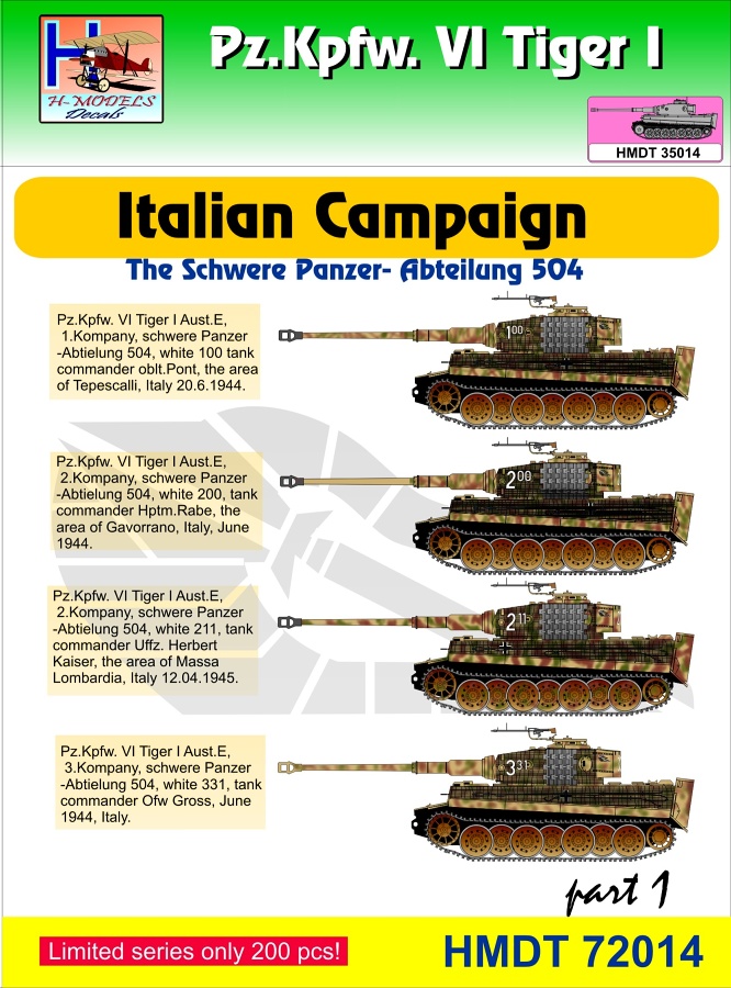 1/72 Decals Pz.Kpfw.VI Tiger I Italian Campaign 1