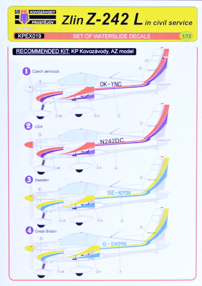 1/72 Decals Zlin Z-242 L 'Civil service' (4x camo)