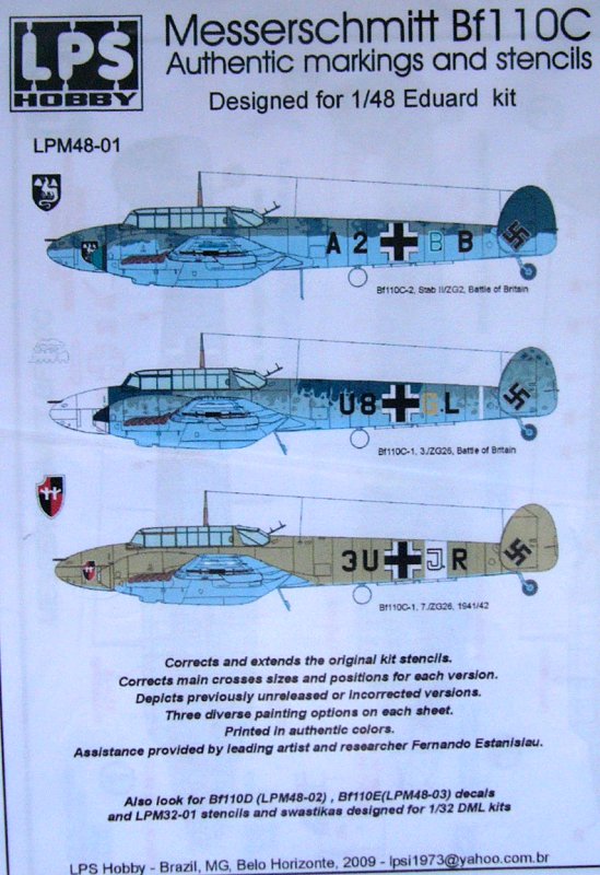 1/48 Bf 110C Decals&Stencils (3x Luftwaffe camo)