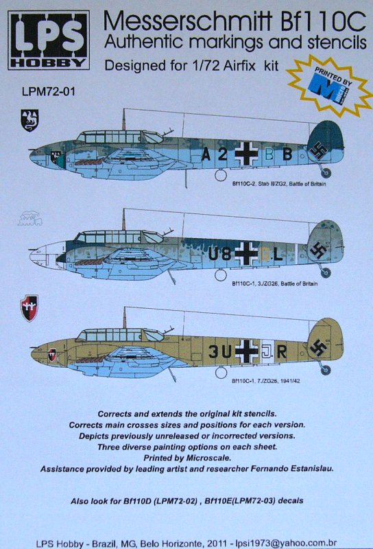 1/72 Bf 110C Decals&Stencils (3x Luftwaffe camo)