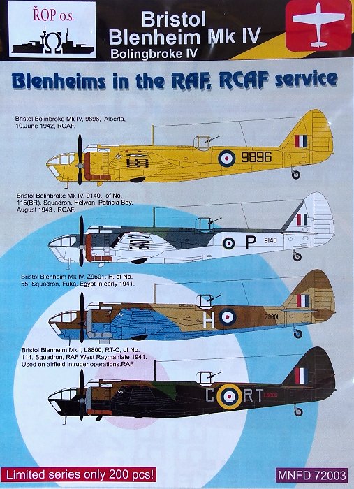 MODELIMEX Online Shop | 1/72 Decals Blenheims in the RAF, RCAF (4x camo ...