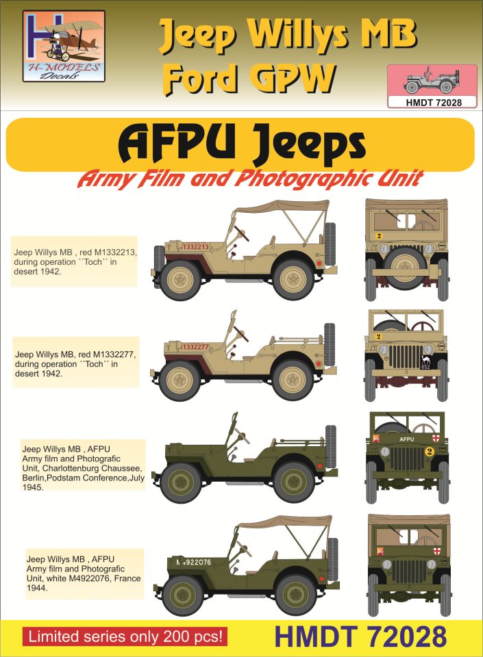 1/72 Decals Jeep Willys MB/Ford GPW AFPU Jeeps