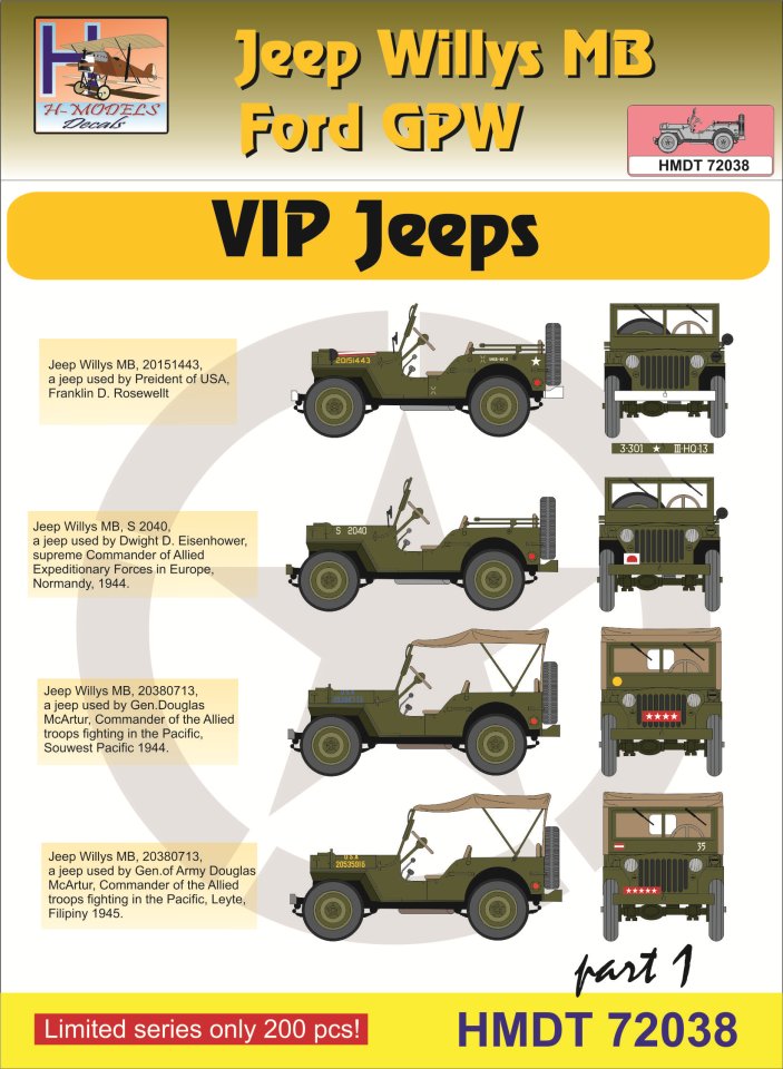 1/72 Decals Jeep Willys MB/Ford GPW VIP Jeeps 1