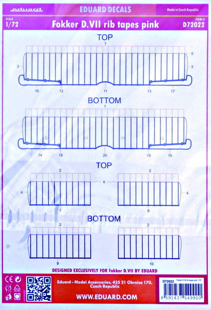 Decals 1/72 Fokker D.VII rib tapes pink (EDU)