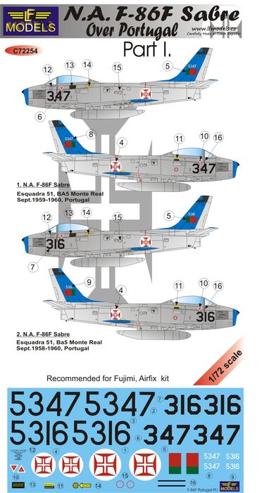 1/72 Decals F-86F Sabre over Portugal (FUJI) Pt. 1