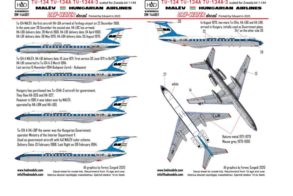 1/144 Decal Tu-134/134A/134A-3 MALÉV (dry-water)