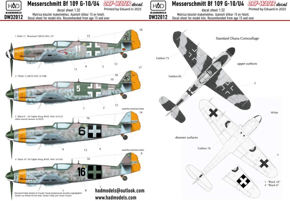 1/32 Decal Messerschmitt Bf 109G-10/U4 (dry-water)