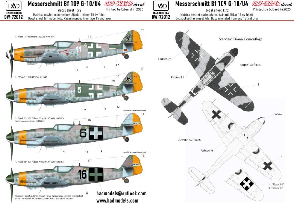 1/72 Decal Messerschmitt Bf 109G-10/U4 (dry-water)