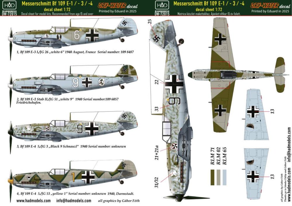 1/72 Decal Bf 109 E-1/E-3/E-4 (dry-water)